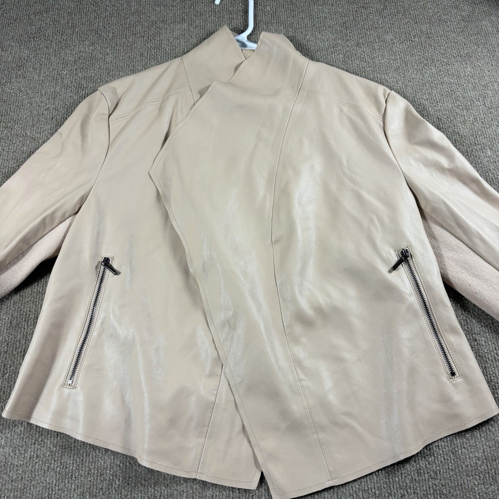 Bar III Womens Small Beige Faux Leather Moto Jacket Waterfall Zip Pockets